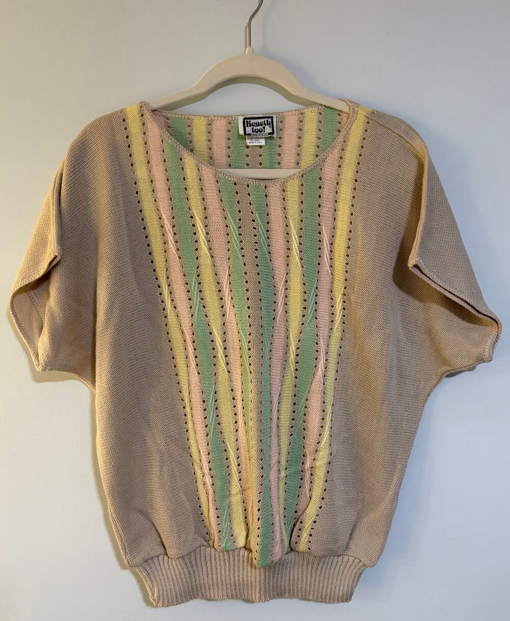 Vintage Kenneth Too Pastel Open Knit Sweater Top Made USA 80s Dolman